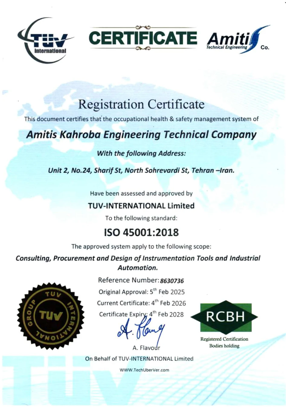 گواهینامه ISO 45001:2018 شرکت Amitis Kahroba Engineering Technical Company